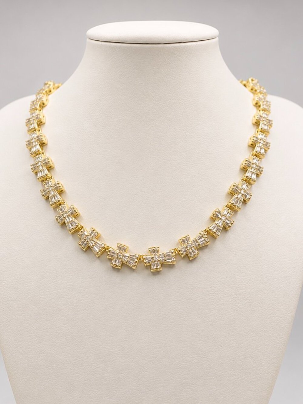 Gold Baguette Crystal Cross Station Necklace-14K Gold Plated Tennis Choker- New!